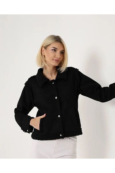 Brood Jachetă cu dungi cu guler polo, cu buzunar dublu, cu nasturi de pluș