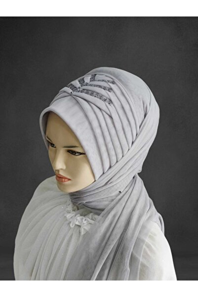 NurAy Açık gri payetli hazır türban hazır şal hazır duvak