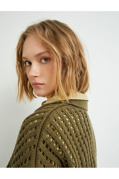 Koton Openwork Knitwear Sweater Polo Collar Long Sleeve