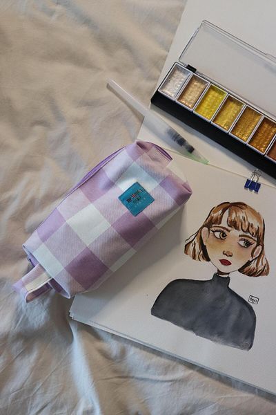 Mamma Mia Home Purple Gingham Lined Washable Cloth Pen Holder Pencil Box