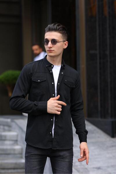 WKM Cămașă neagră pentru bărbați cu buzunar dublu