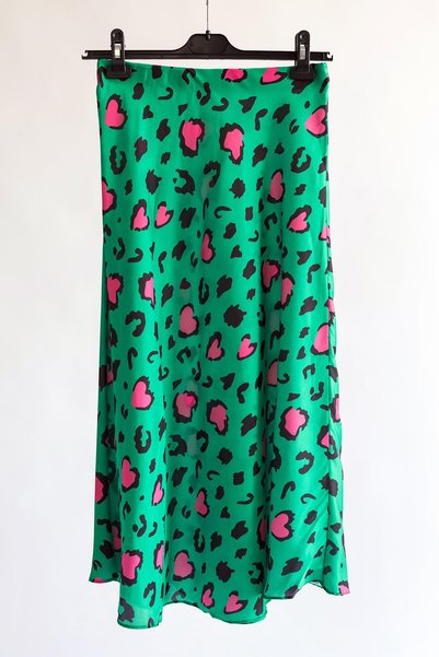 Gils Butik Pembe Desenli Yeşil Saten Etek