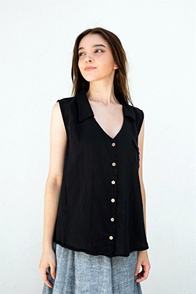 Gils Butik Black Vest Model Linen Shirt