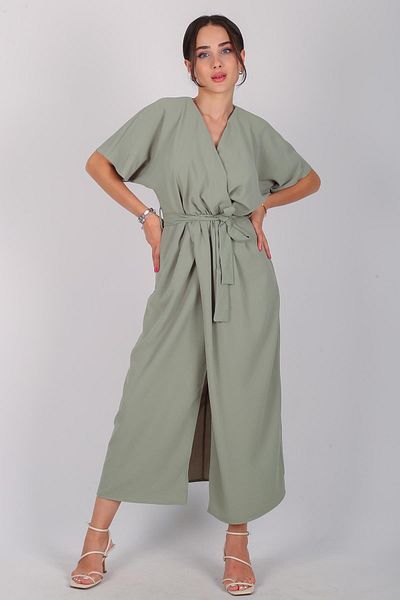 FACETTE Women's Green Slit Belted Long Dress