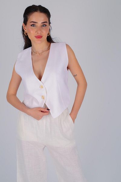 FACETTE سترة كتان بيضاء بأزرار نسائية
