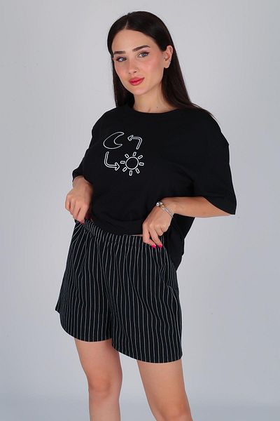 FACETTE Set de pijamale pentru femei, tricou cu model luna neagră, pantaloni scurți