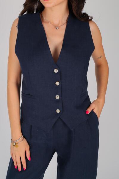FACETTE Navy Blue Linen Women's Vest and Trousers Set