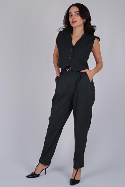 FACETTE Women's Anthracite Buttoned Short Vest