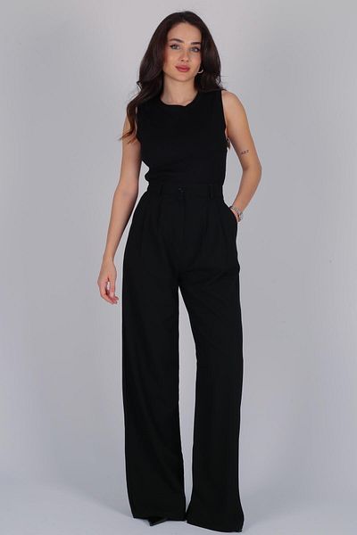 FACETTE Pantaloni Palazzo negri cu elastic cu talie înaltă FC pentru femei