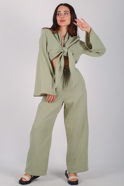 FACETTE Women's Water Green Front Tie Blouse Trousers Set