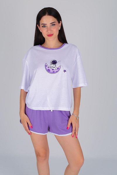 FACETTE Women's Lilac Astronaut Pattern T-Shirt Shorts Pajamas Set