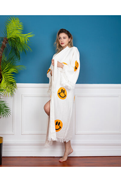 Befera Design Muslin Kimono 100% Cotton Smiling Emoji Patterned Bathrobe Caftan Dressing Gown
