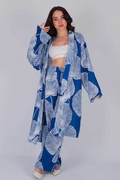 FACETTE Set pantaloni kimono cu model albastru pentru femei