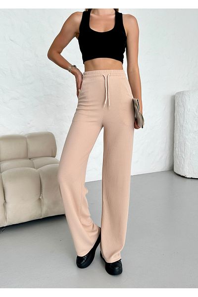 Babelook Women's Beige Knitted Ribbed Wide Leg High Waist Waist Corded Trousers