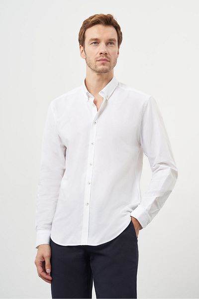 Morven Men's White Cotton Trend Buttoned Collar Dynamic Fit Shirt