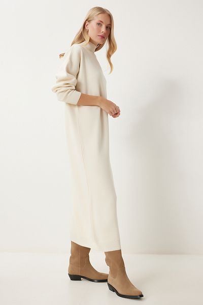 Lovelyİstanbul Turtleneck Long Knitwear Dress Bone Ldd0093