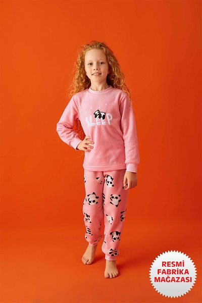 Aydoğan Winter Pink Fleece Powder Girls Pajamas Set, Long Sleeve A4-1 - 1679