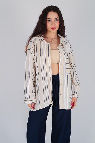 FACETTE Cămașă de damă din in oversize cu dungi bleumarin