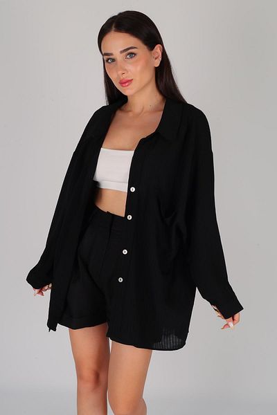 FACETTE Cămașă neagră oversize pentru femei - fără umăr