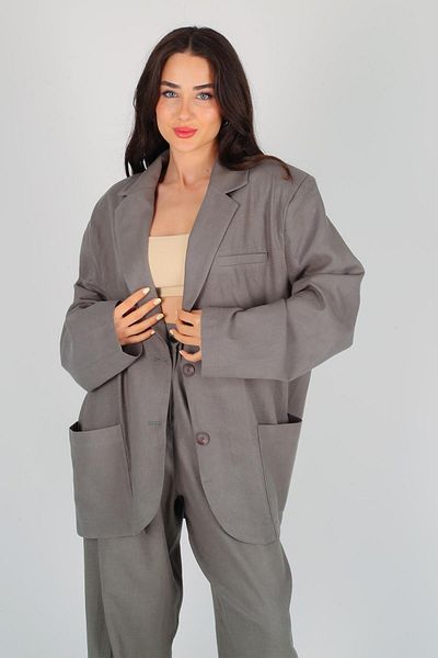 FACETTE Χακί λινό παλτό Oversize - Γυναικείο, με κουμπιά