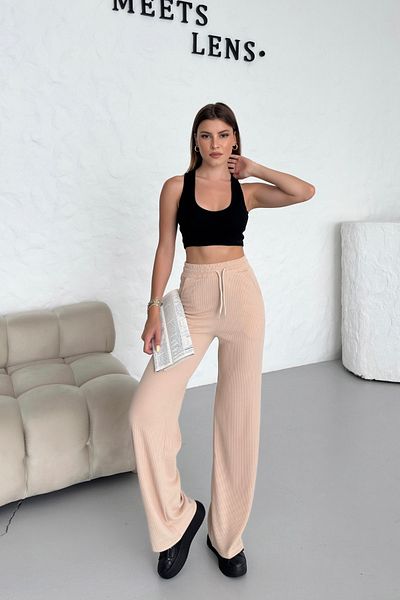 Babelook Women's Beige Knitted Ribbed Wide Leg High Waist Waist Corded Trousers