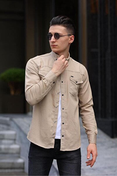 WKM Ανδρικό πουκάμισο μπεζ με διπλή τσέπη