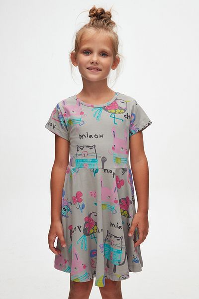 LOVETTI Moon Grey Chirping Animals Girl's Print Short Sleeve Dress