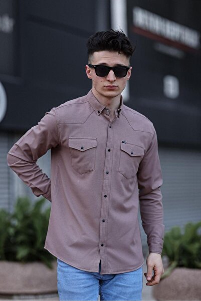 WKM Ανδρικό πουκάμισο με διπλή τσέπη με κουμπωτό σκούρο ροζ
