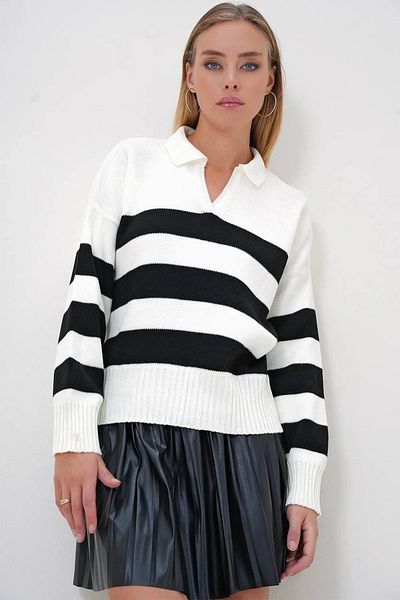BSAY Women's Striped Oversize Shirt Collar Knitwear Sweater