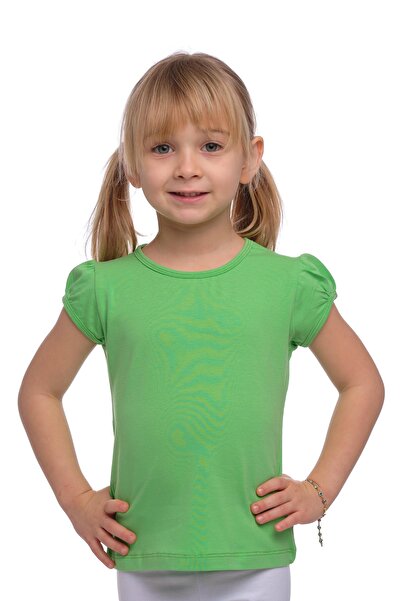 LOVETTI Fıstık Yeşil Basic Kız Çocuk Sıfır Yaka Karpuz Kol Tişört