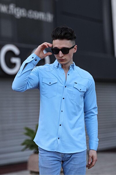 WKM Double Pocket Snap Fastener Light Blue Men's Shirt