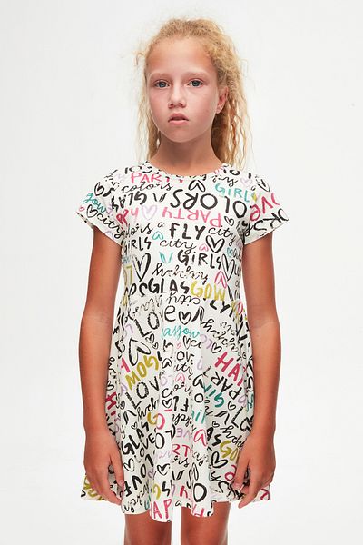 LOVETTI Ecru Girl's Glasgow Pattern Short Sleeve Flared Skirt Dress