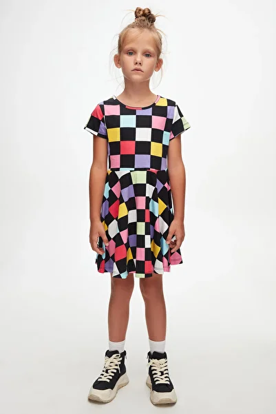 LOVETTI Rochie cu mânecă scurtă pentru fetiță cu imprimeu Op Art Chechers