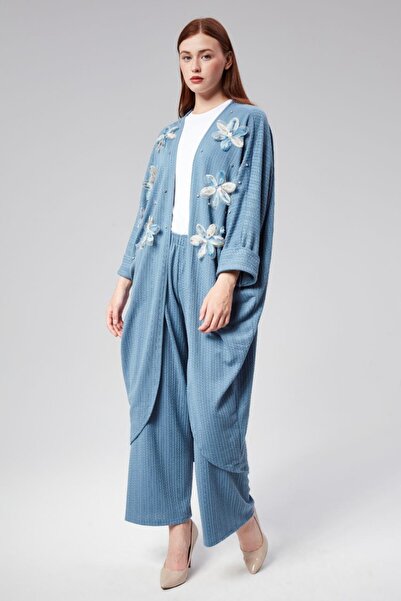 ZTO طقم بنطلون عباية بتفاصيل زهور مطرزة بالأحجار للنساء