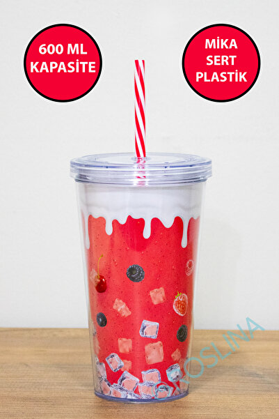 Roslina Pipetli Kapaklı Soğuk İçecek Meşrubat Bardağı Çocuk İçecek Bardağı 600 ML