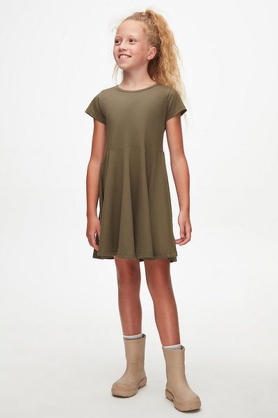 LOVETTI Green Colored Basic Girl's Camouflage Short Sleeve Dress