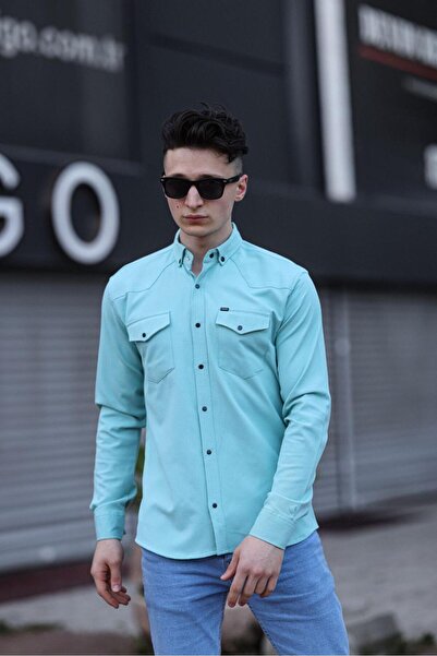 WKM Ανδρικό πουκάμισο με διπλή τσέπη με κουμπωτό πράσινο μέντα