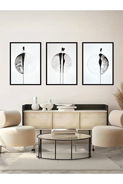 fijigo Siyah Çerçeveli Monokrom Denge Minimalist 3'lü Tablo