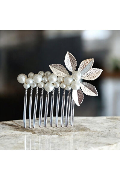 Eva Flore Pieptene de păr pentru mireasă, cu frunze de argint și perle