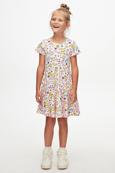 LOVETTI Friendly Smile Girl's Pattern Short Sleeve Flared Skirt Dress