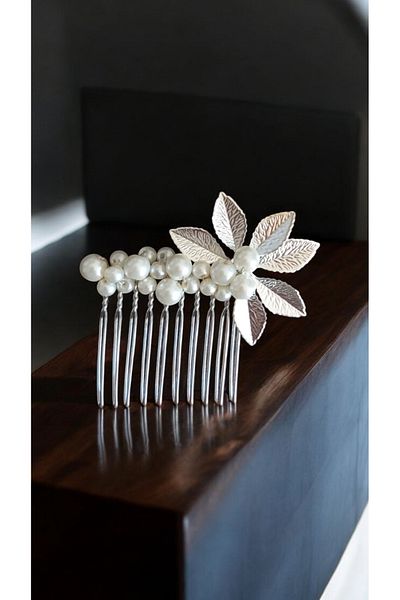 Eva Flore Pearl and Silver Leaf Bridal Engagement Maternity Hair Comb Hairpin