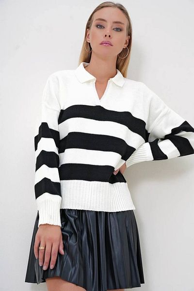 BSAY Women's Striped Oversize Shirt Collar Knitwear Sweater