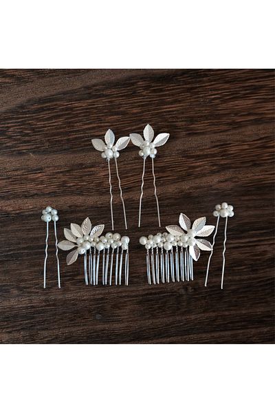 Eva Flore Pearl and Silver Leaf Bridal Engagement Maternity Hair Comb Hairpin 6 Pieces