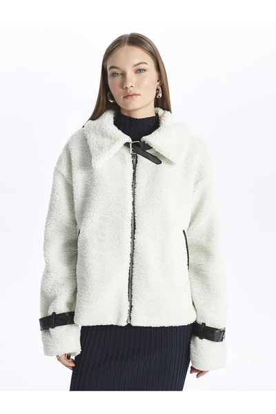 LC Waikiki Xside Ecru Women's Jacket Collar Plain Plush Coat