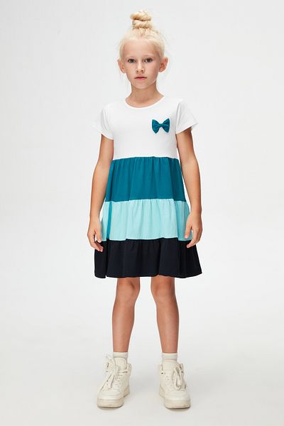 LOVETTI Girl's - White DarK Petrol Bow Layered Colored Short Sleeve Dress
