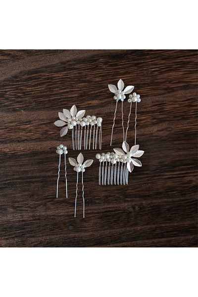 Eva Flore Pearl and Silver Leaf Bridal Engagement Maternity Hair Comb Hairpin 6 Pieces