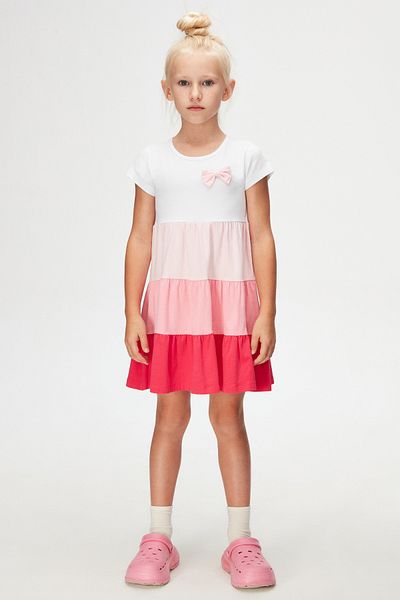 LOVETTI Girl's - White and Fuchsia Colored Layered Bow Short Sleeve Dress