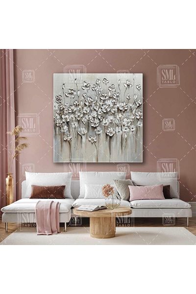 SML TABLO Pictură pe pânză pătrată decorativă cu flori de lux, câmp de flori mici, alb