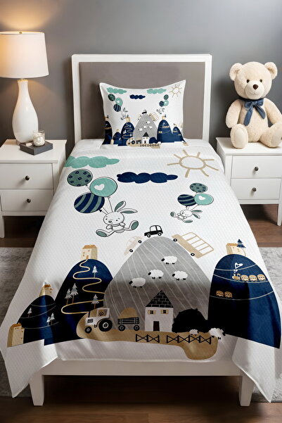 EVPANYA Navy Blue Vehicles in the Mountains Patterned Pique Set