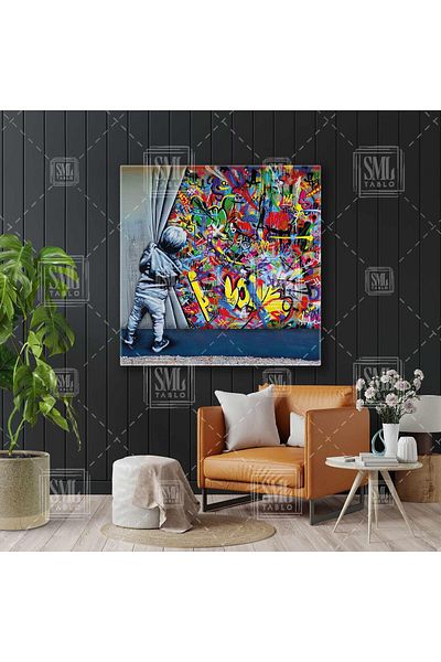 SML TABLO Παιδί που κοιτάζει πίσω από την κουρτίνα Banksy Graffiti Wall Art Τετράγωνος πίνακας σε καμβά
